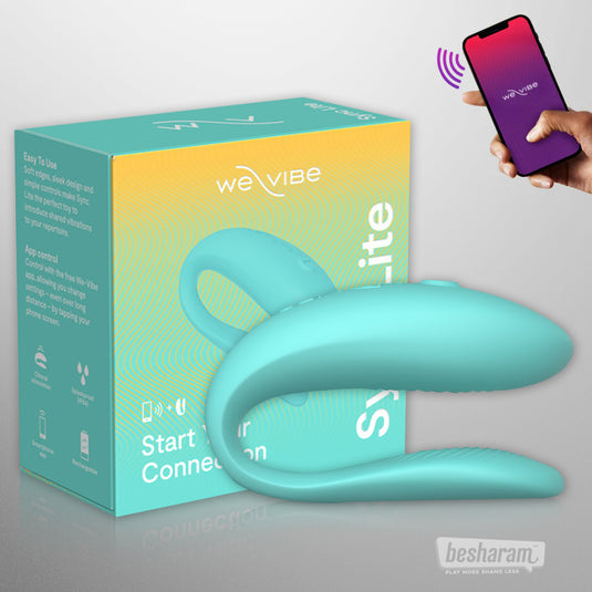 We-Vibe Sync Lite turquoise app-controlled couples vibrator shown with retail box and smartphone app interface for remote control