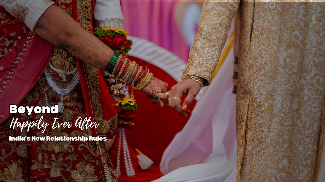 Indian bride and groom holding hands during a traditional wedding ceremony, symbolizing the shift from monogamy to open relationships and changing marriage norms in modern India.