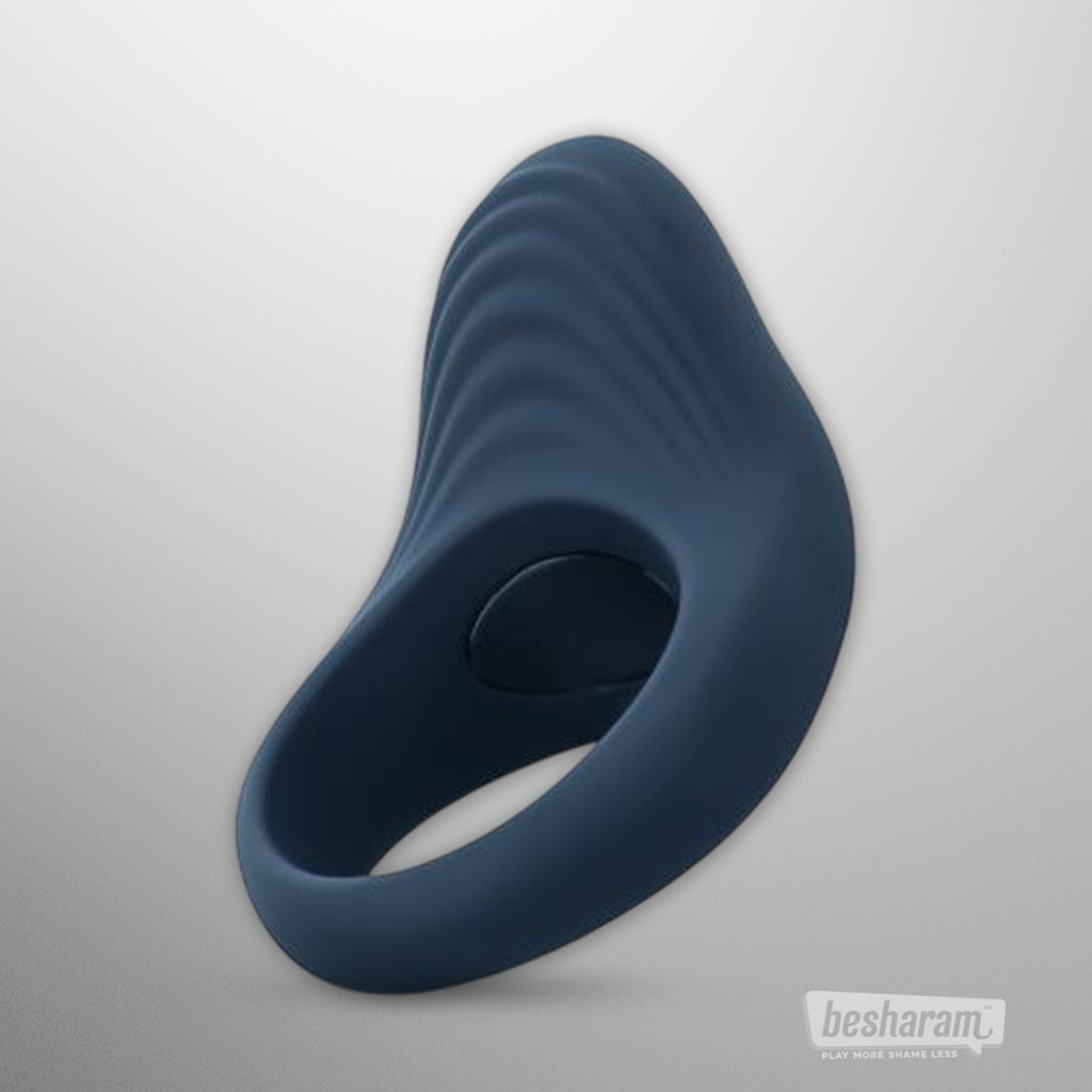 Boners Vibrating Cock Ring angled view in blue body-safe silicone
