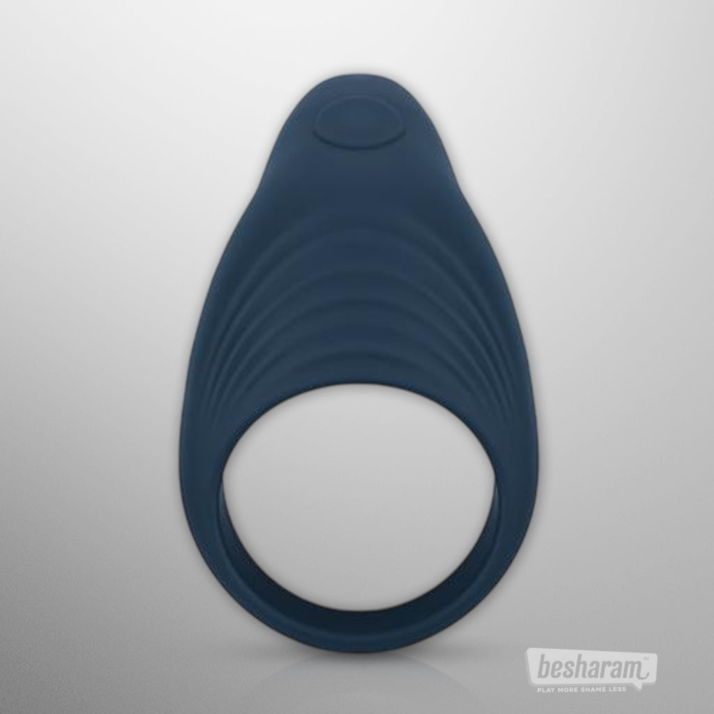Front view of the Boners Vibrating Cock Ring in blue silicone