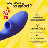 Darling Premium Dual Massager feature highlights with travel-friendly design, vibration patterns, and suction modes