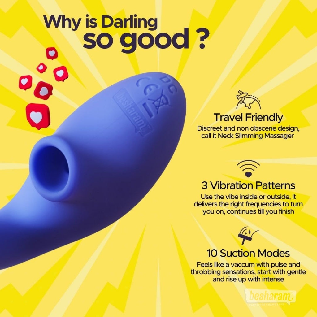 Darling Premium Dual Massager feature highlights with travel-friendly design, vibration patterns, and suction modes