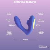 Darling Premium Dual Massager technical features with size, runtime, charge time, waterproof rating, and material