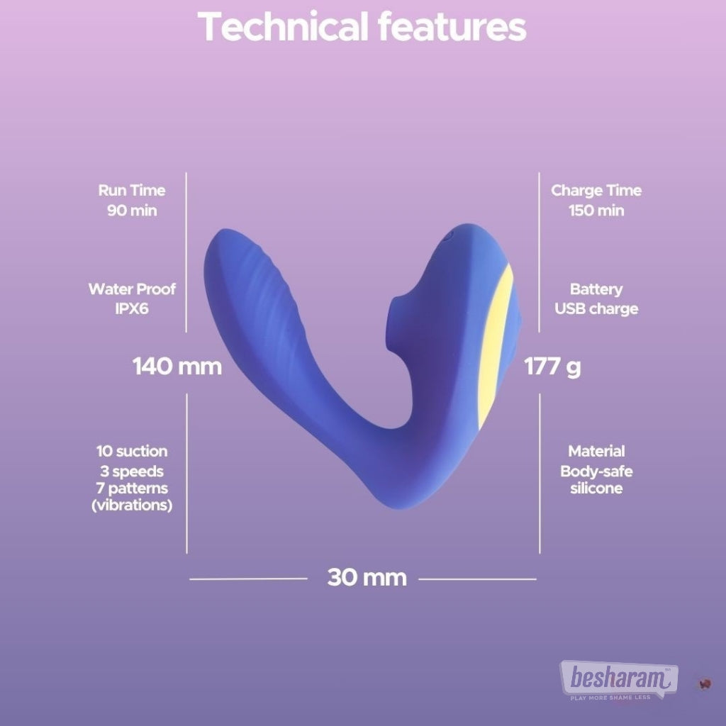 Darling Premium Dual Massager technical features with size, runtime, charge time, waterproof rating, and material