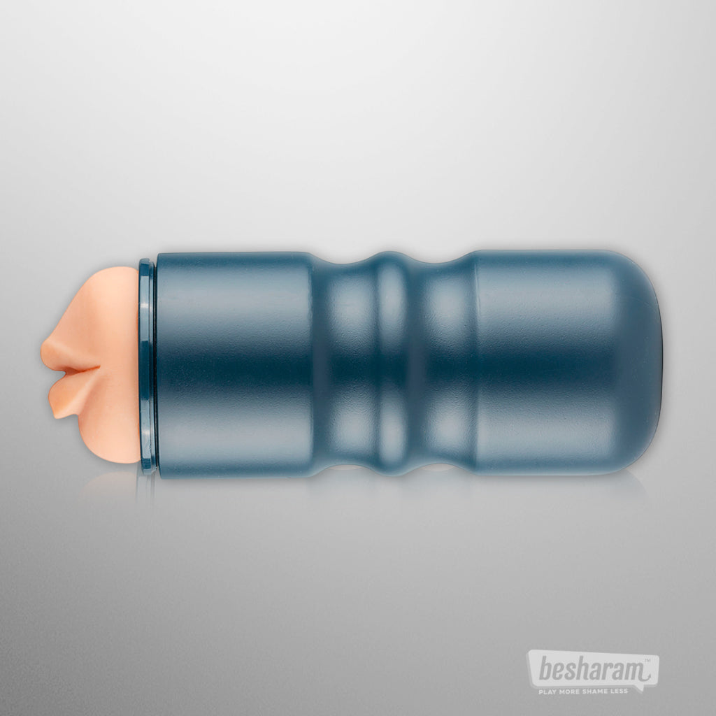 FPPR Mouth Masturbator shown in side profile, mocha sleeve visible, with sleek metallic blue casing.