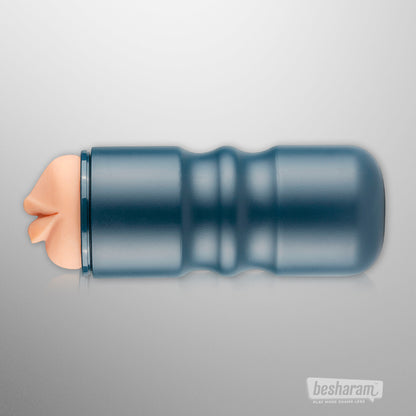 FPPR Mouth Masturbator shown in side profile, mocha sleeve visible, with sleek metallic blue casing.