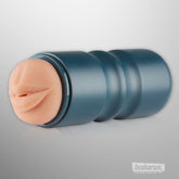 FPPR Mouth Masturbator in mocha tone with lifelike lips and compact cylindrical blue container.