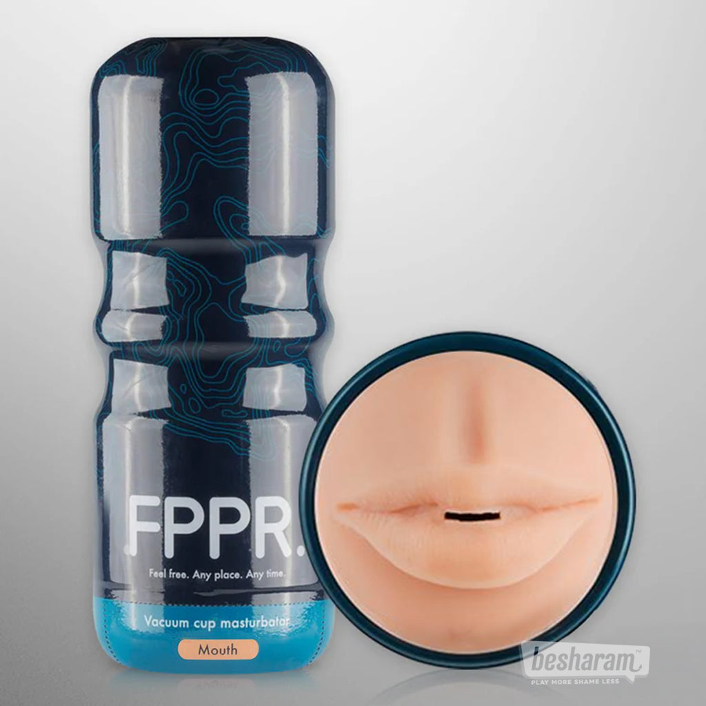 FPPR Mouth Masturbator in mocha color, shown with close-up of mouth opening and blue casing.