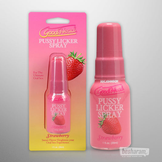 Good Head Pussy Licker Spray strawberry flavor by Doc Johnson, oral sex enhancing spray shown with retail packaging, flavored intimate spray for oral pleasure