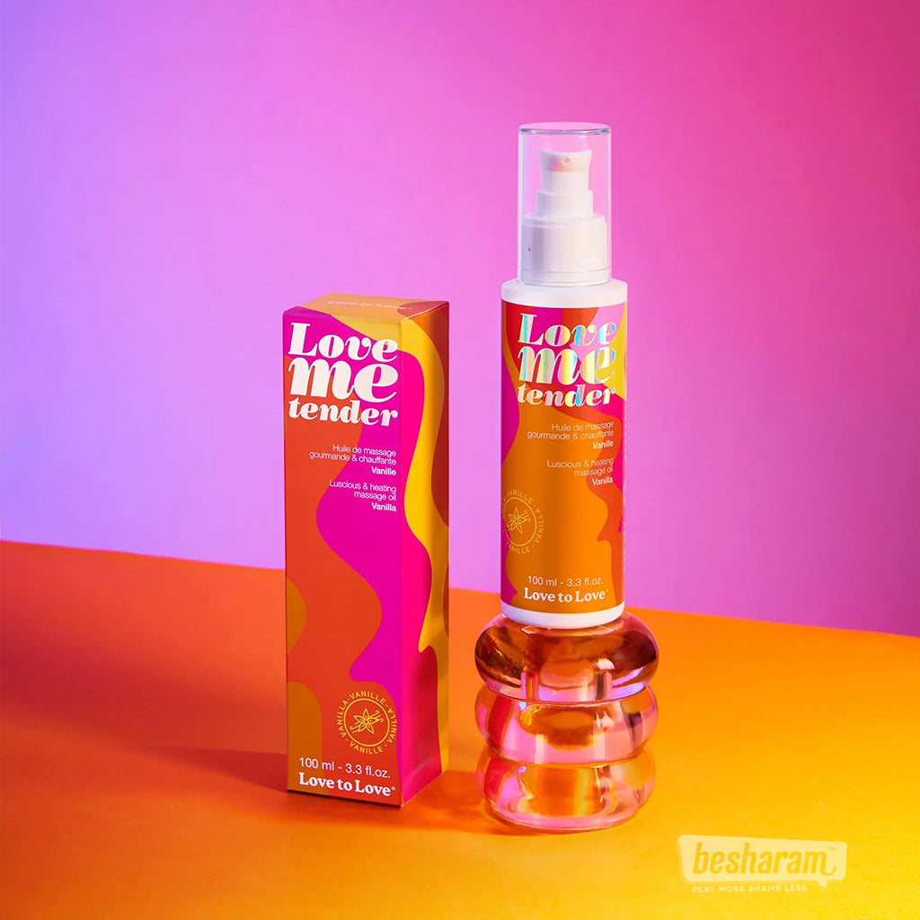 Love Me Tender vanilla massage oil bottle with box on colorful background, 100 ml sensual massage oil by Love to Love