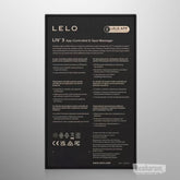 LELO LIV 3 app controlled G spot massager retail box back view, Bluetooth connected smart vibrator packaging with product features and specifications
