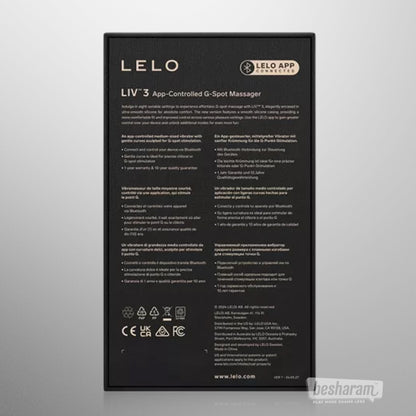 LELO LIV 3 app controlled G spot massager retail box back view, Bluetooth connected smart vibrator packaging with product features and specifications