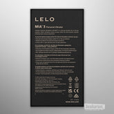 LELO Mia 3 personal vibrator retail box back view, product features and specifications for rechargeable silicone vibrator