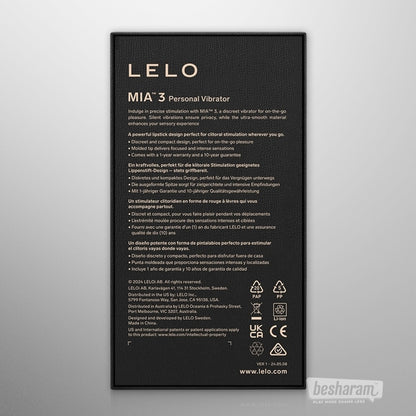 LELO Mia 3 personal vibrator retail box back view, product features and specifications for rechargeable silicone vibrator