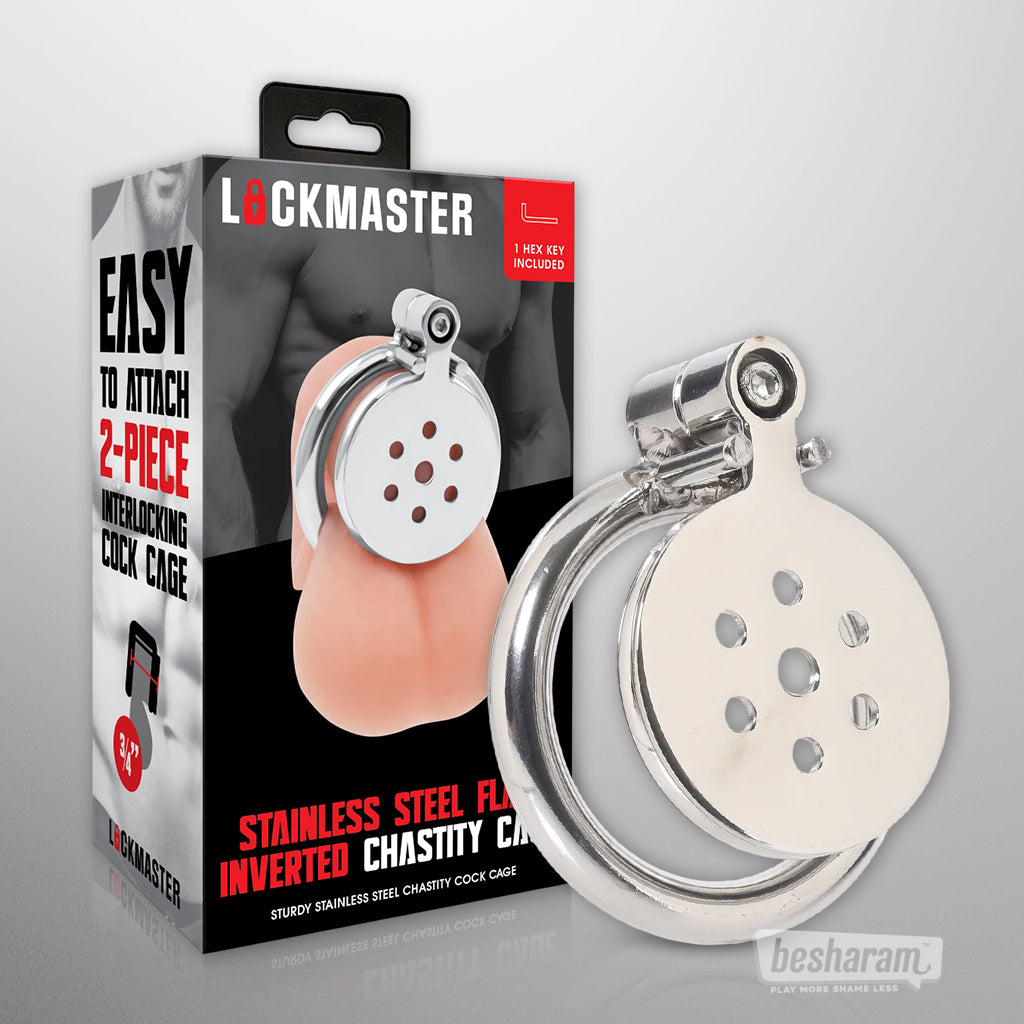 Lockmaster stainless steel chastity cage shown with retail packaging and included components.