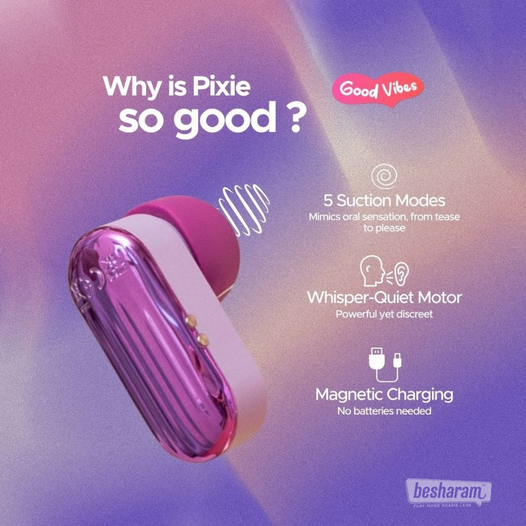 Pixie Gen Z Suction Massager feature highlights with suction modes, whisper-quiet motor, and magnetic charging