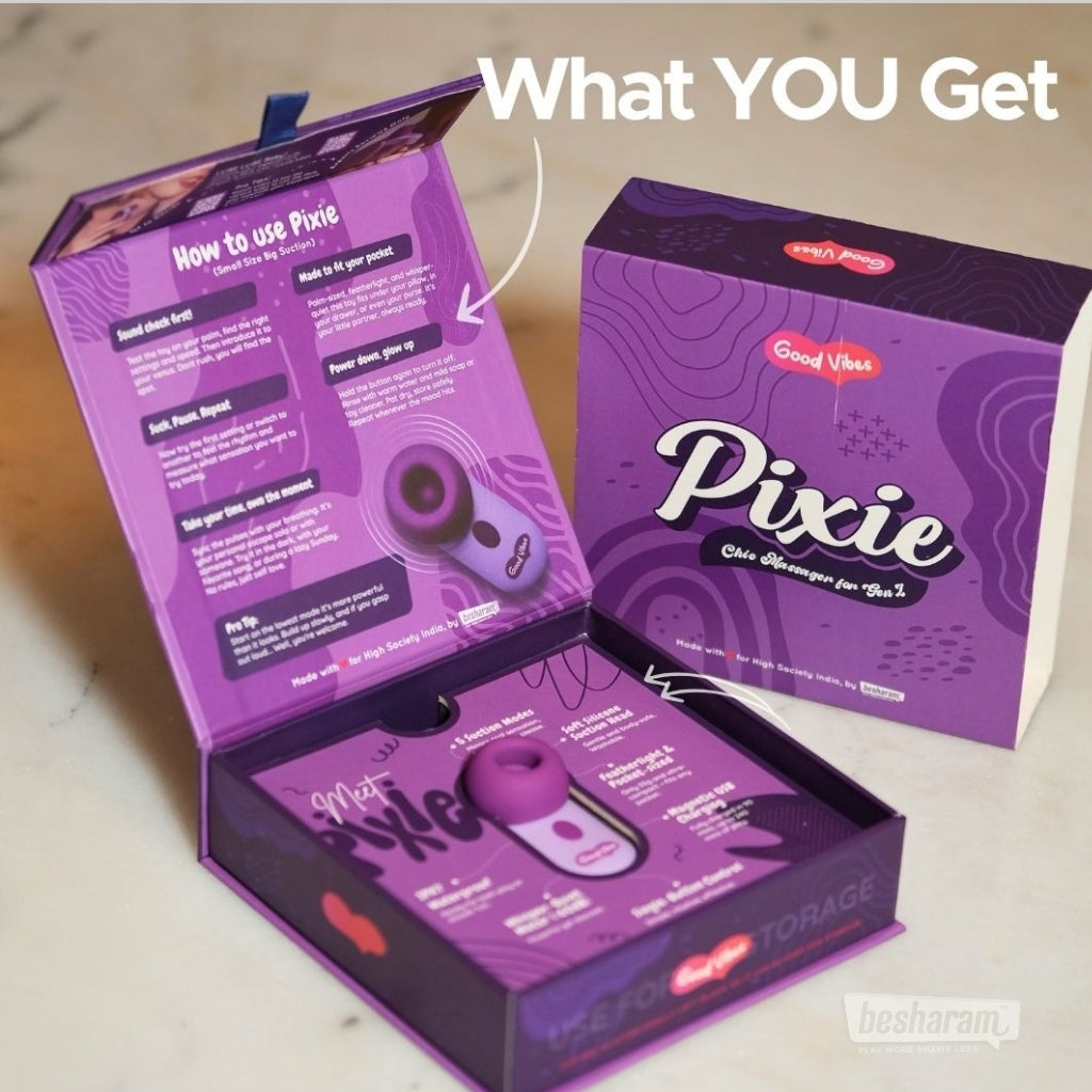 Pixie Gen Z Suction Massager packaging opened to show product and box contents