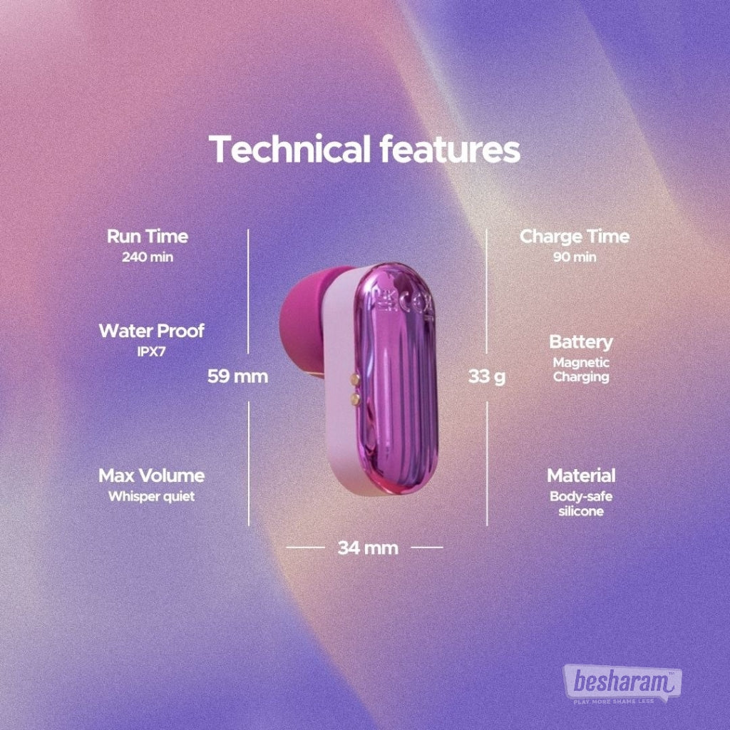 Pixie Gen Z Suction Massager technical features with size, runtime, charge time, waterproof rating, and material