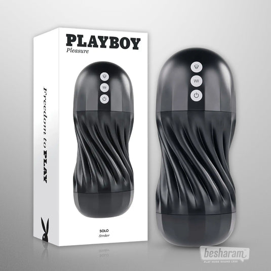 Playboy Solo Vibrating and Sucking Masturbator displayed with retail box packaging