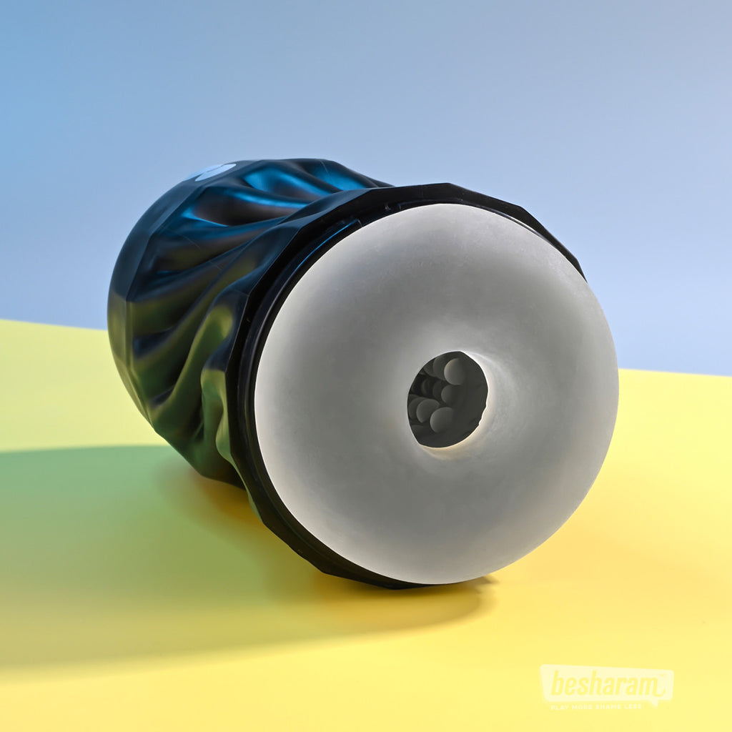 Front entry view of Playboy Solo Vibrating and Sucking Masturbator showing opening detail
