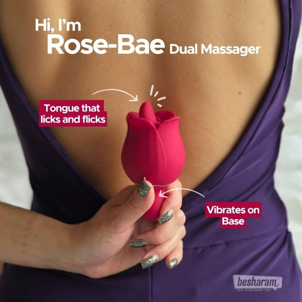 Rose-Bae Flicking Massager shown in hand highlighting flicking tongue and vibrating base
