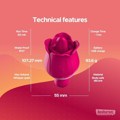 Rose-Bae Flicking Massager technical features with size, runtime, charge time, waterproof rating, weight, and material