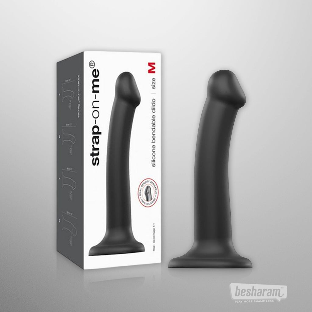Strap On Me silicone bendable dildo size M with box, black strap on dildo for harness play
