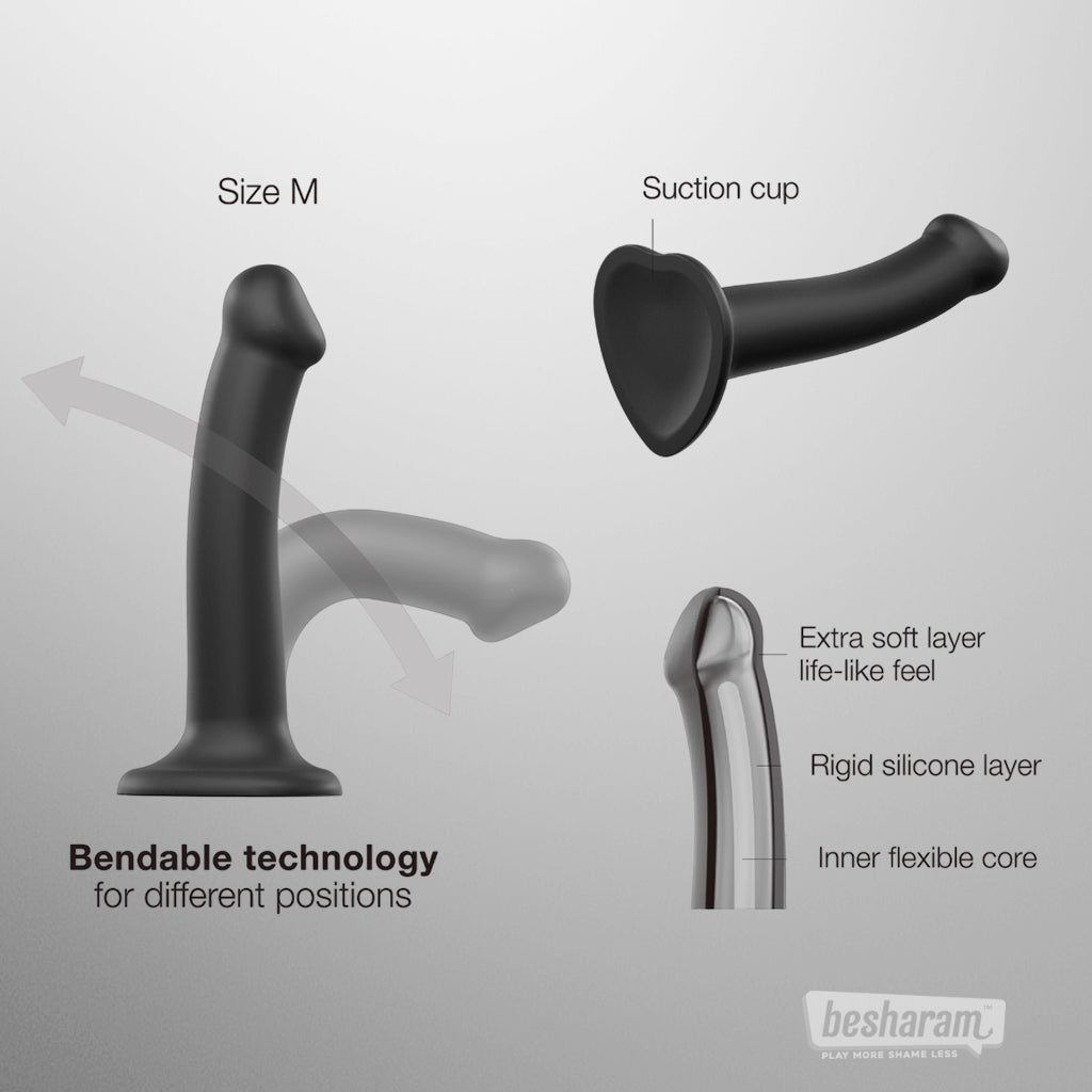 Black silicone strap on dildo features overview showing bendable technology, suction cup base and layered silicone structure