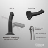 Black silicone strap on dildo features overview showing bendable technology, suction cup base and layered silicone structure