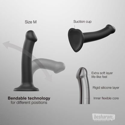 Black silicone strap on dildo features overview showing bendable technology, suction cup base and layered silicone structure
