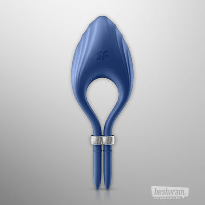 Back view of the Satisfyer Duelist Adjustable Cock Ring in blue silicone