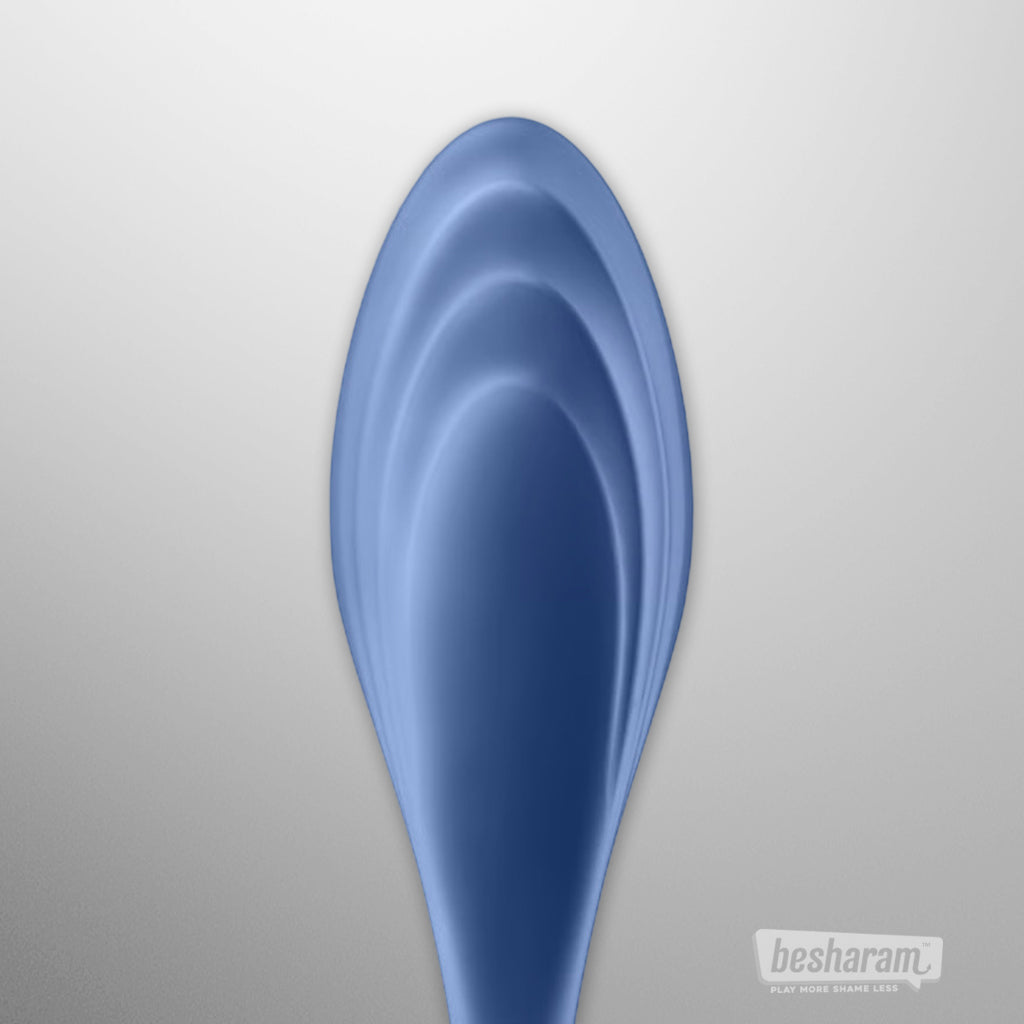 Close-up detail view of the Satisfyer Duelist Adjustable Cock Ring in blue silicone