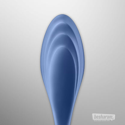 Close-up detail view of the Satisfyer Duelist Adjustable Cock Ring in blue silicone