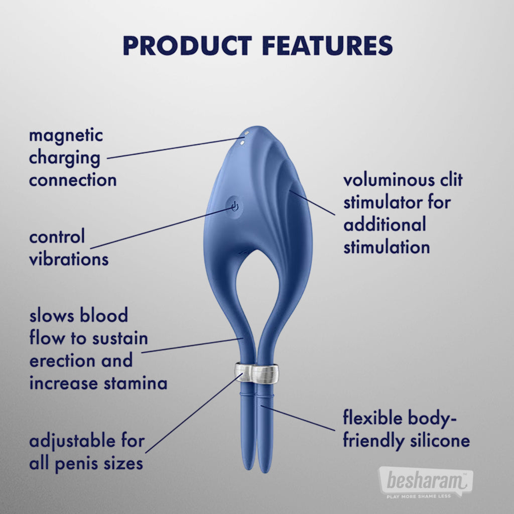Satisfyer Duelist Adjustable Cock Ring product features with magnetic charging, adjustable fit, flexible silicone, and clitoral stimulation