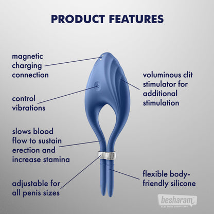 Satisfyer Duelist Adjustable Cock Ring product features with magnetic charging, adjustable fit, flexible silicone, and clitoral stimulation