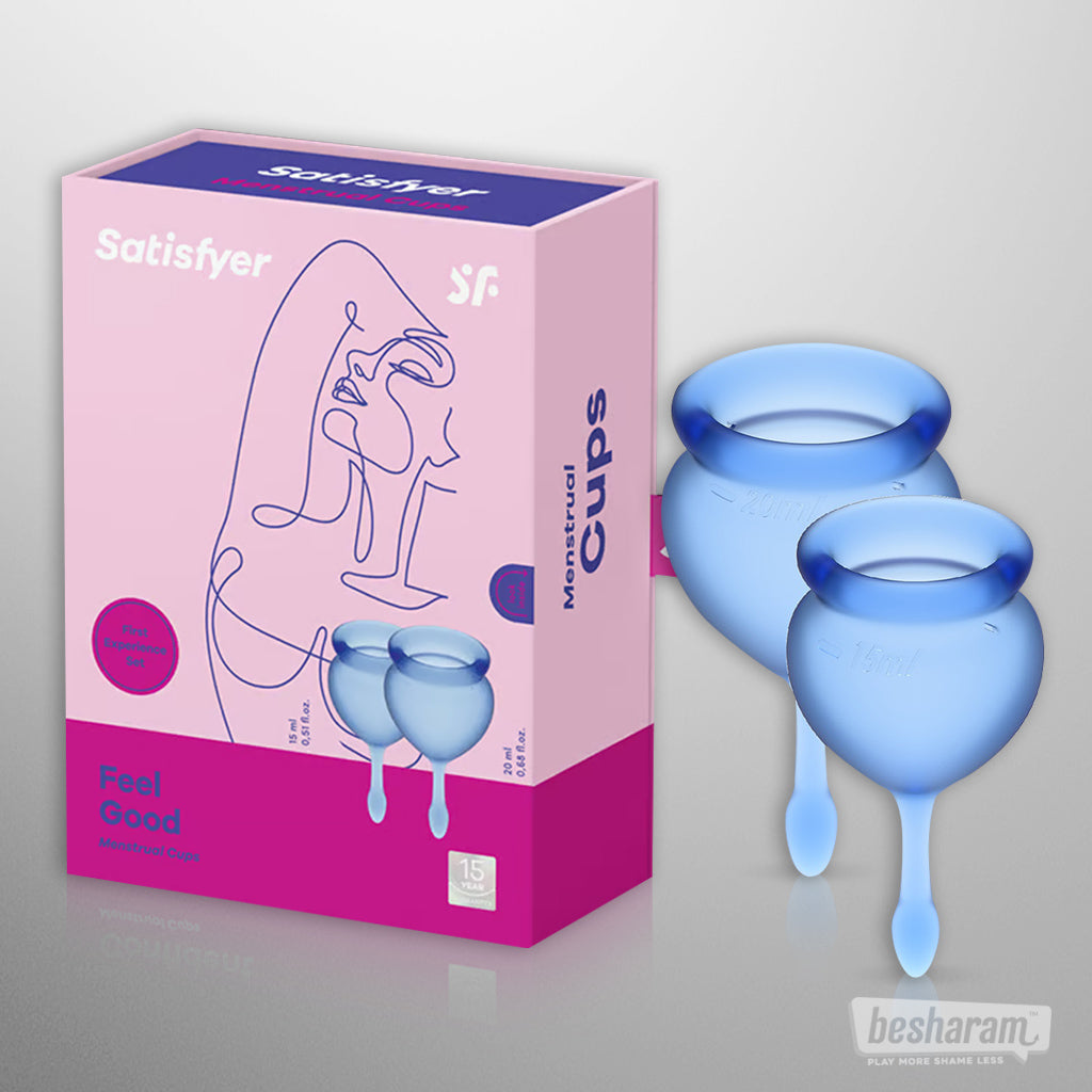 Satisfyer Feel Good Menstrual Cup with retail box packaging and two blue cups