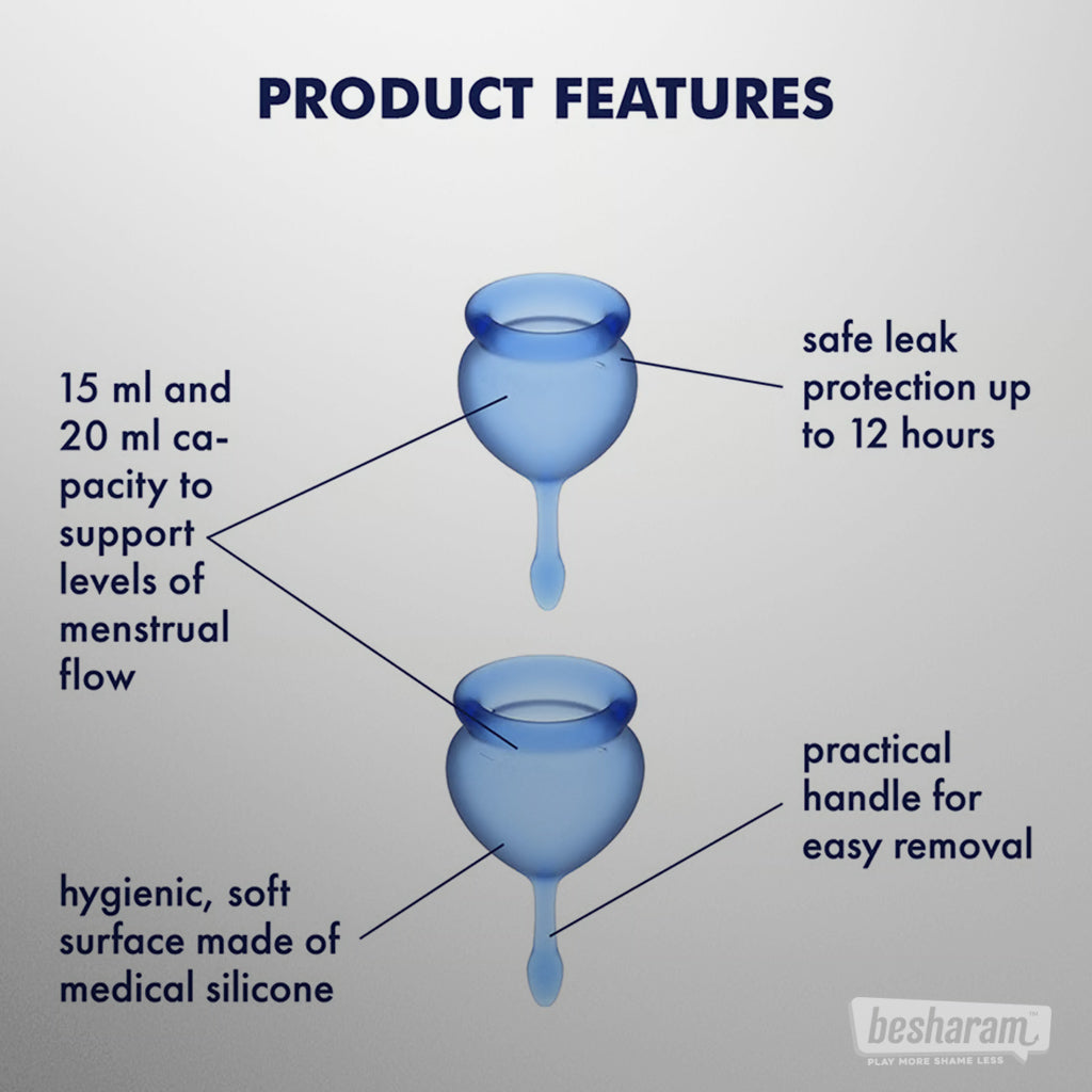 Satisfyer Feel Good Menstrual Cup product features with 15 ml and 20 ml capacity, leak protection, and medical silicone