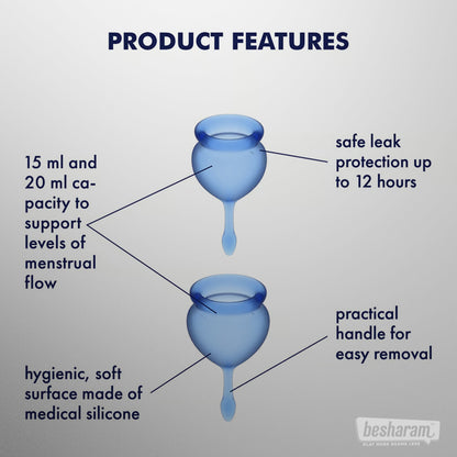 Satisfyer Feel Good Menstrual Cup product features with 15 ml and 20 ml capacity, leak protection, and medical silicone