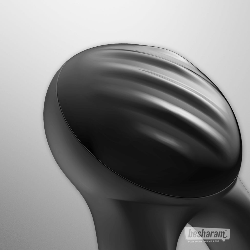 Close-up detail view of the Satisfyer Signet App-Controlled Cock Ring with textured stimulator head