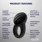 Satisfyer Signet App-Controlled Cock Ring product features with app control, magnetic charging, flexible silicone, and ribbed stimulation
