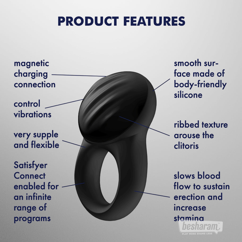 Satisfyer Signet App-Controlled Cock Ring product features with app control, magnetic charging, flexible silicone, and ribbed stimulation