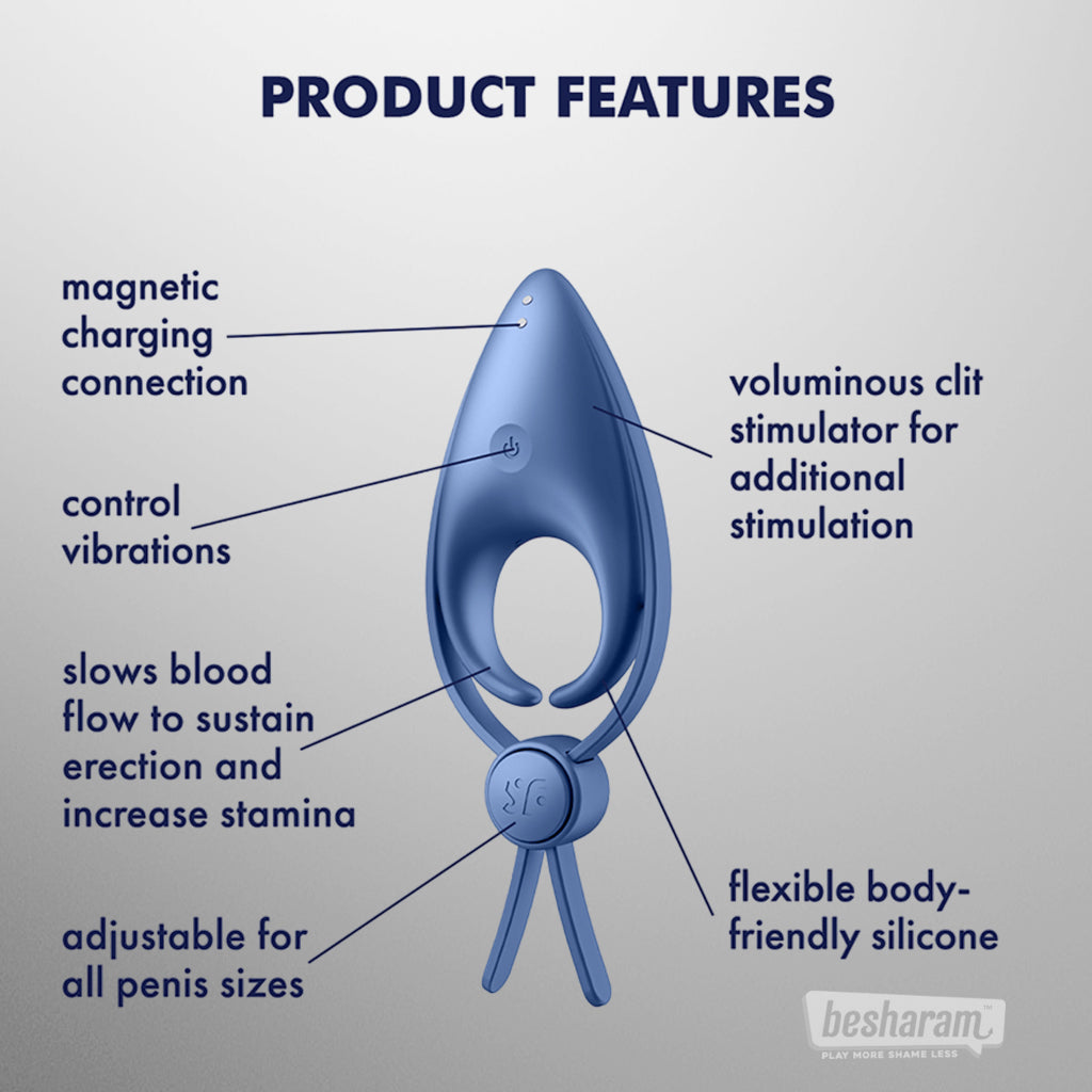 Satisfyer Sniper Adjustable Cock Ring product features with magnetic charging, adjustable fit, flexible silicone, and clitoral stimulation
