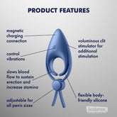 Satisfyer Sniper Adjustable Cock Ring product features with magnetic charging, adjustable fit, flexible silicone, and clitoral stimulation