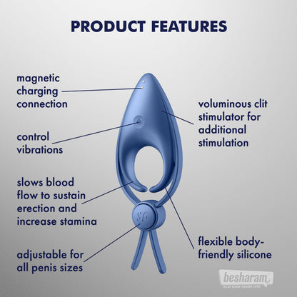 Satisfyer Sniper Adjustable Cock Ring product features with magnetic charging, adjustable fit, flexible silicone, and clitoral stimulation
