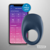 Satisfyer Strong One app controlled cock ring displayed with mobile app control interface