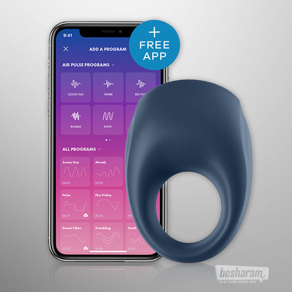 Satisfyer Strong One app controlled cock ring displayed with mobile app control interface