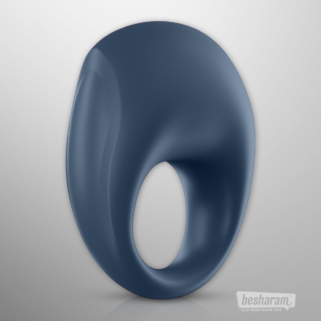 Back view of the Satisfyer Strong One app controlled cock ring in blue silicone