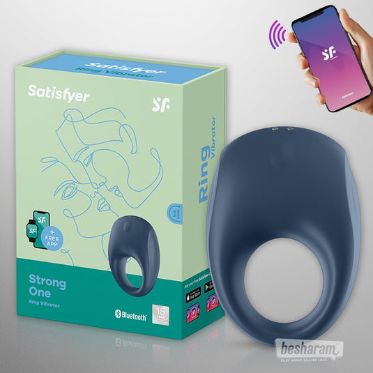 Satisfyer Strong One app controlled cock ring with retail box packaging and app-enabled control