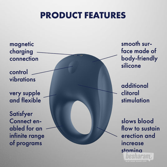 Satisfyer Strong One app controlled cock ring product features with magnetic charging, flexible silicone, and clitoral stimulation