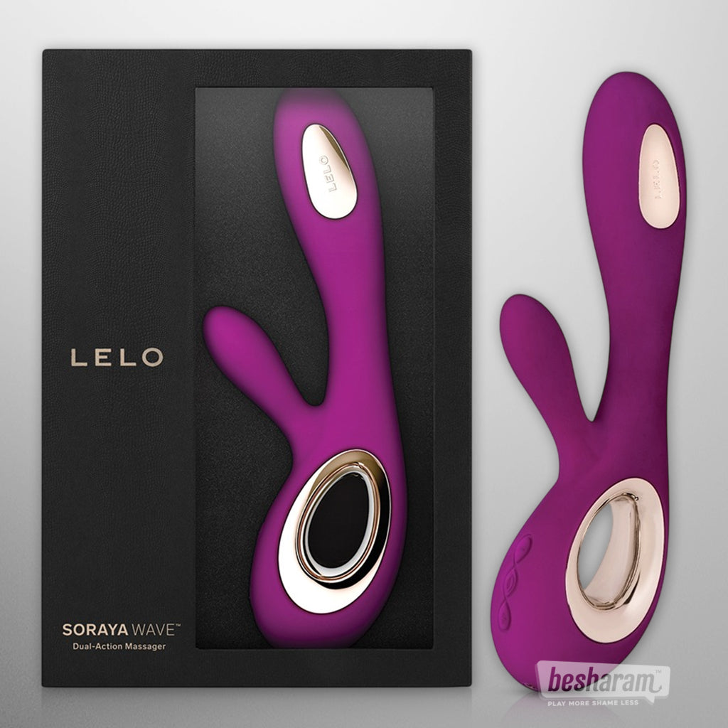 LELO Soraya Wave rabbit vibrator in deep purple with retail box, luxury dual action vibrator with curved shaft and clitoral arm